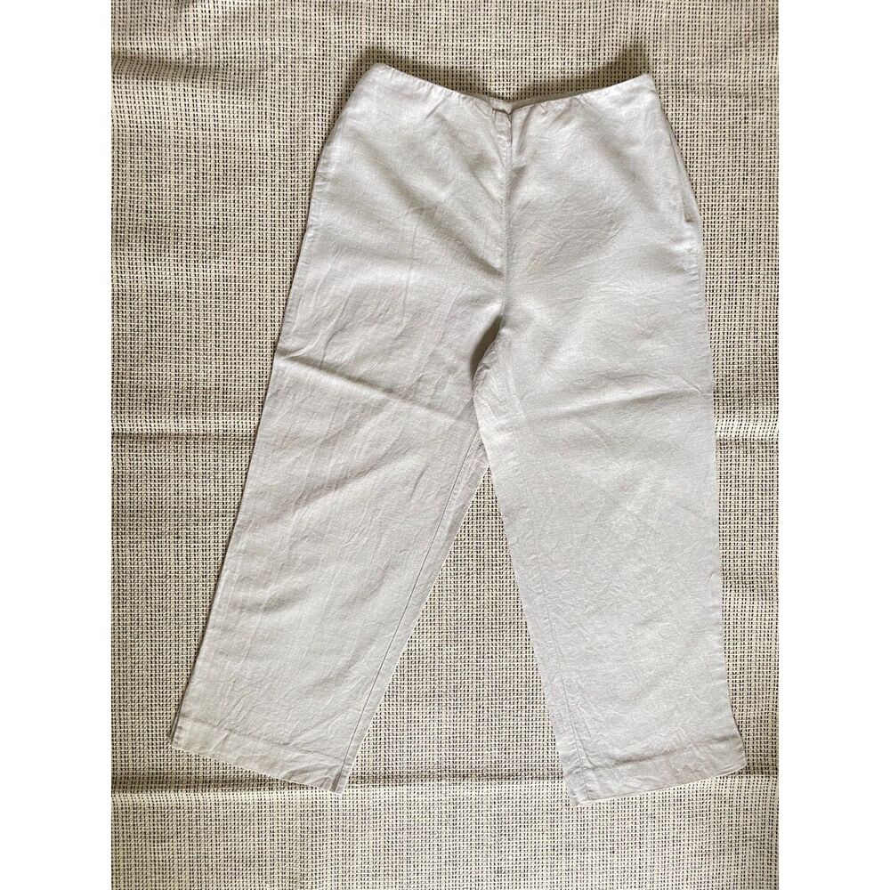 Women Linen Blend Cropped Pants 4P Beige Neutral Coastal Grandma Quiet Luxury